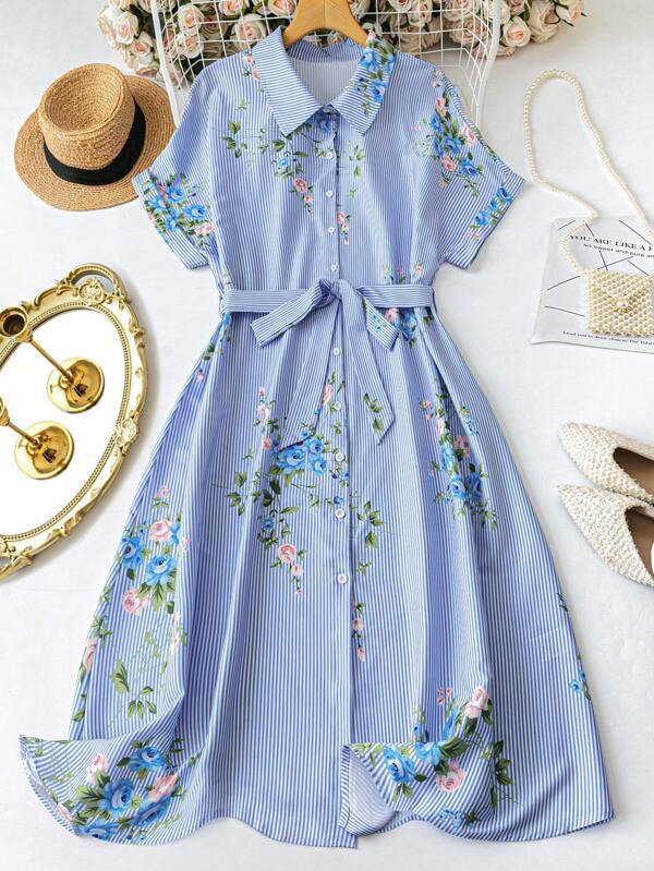 SHEIN Clasi Court Retro  Plus Size Striped Sleeve Printed Cross Tie Front Blouse Dress Maxi Holiday Beach Suit Women