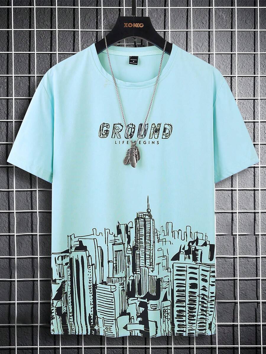 Manfinity Homme Men's Letter & Architecture Print Round Neck Short Sleeve Casual T-Shirt - Baby Blue - View 1