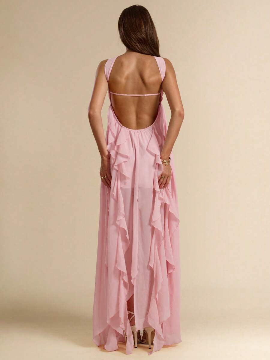 SHEIN BAE 夏季海边度假纯色浅粉色节日连衣裙荷叶边雪纺连衣裙海洋海星装饰抹胸露背优雅水母裙音乐节服装乡村音乐节服装演唱会服装返校服装婚礼伴娘服装