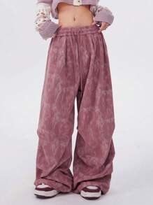 SHEIN 女式宽松皱褶花卉图案灯芯绒长裤 - 珊瑚粉 - 查看 3