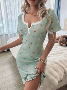 CottageSlumber 蕾丝拼布方领 2 纽扣熊与蝴蝶结印花短袖睡袍 - 綠色 - 查看 4