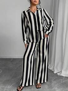 SHEIN Clasi Set de 2 pantalones informales a rayas y de unicolor para tallas grandes - Marrón Mocha - Ver 7