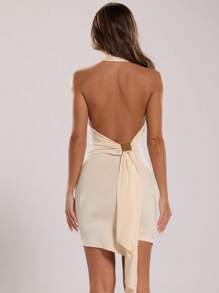 SHEIN BAE Women's Solid Color Halter Backless Ruched Sleeveless Sexy Dress - Apricot - View 2