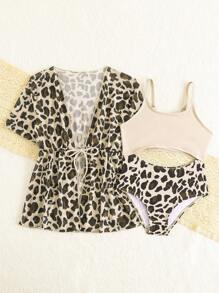 1pc Young Girl Printed One-Piece Swimsuit With Cover Up - Champagne - View 3