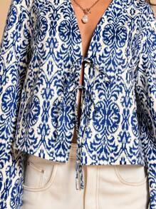 Travachic 女士前系带梭织印花长袖宽松衬衫，适合夏季女士、沙滩装、复活节、女士海滩、春假、度假女士、音乐会女士、波西米亚风、波西米亚风、音乐节、热带度假女士 - 霧霾藍 - 查看 2