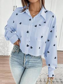 Chiquease Women's Valentine's Day Heart Print Short Front Long Back Blouse Fall Cloth For Women - Blue - View 3