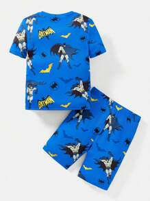 BATMAN X SHEIN 85th Set pigiama da ragazzo giovane con maglietta a girocollo e pantaloncini aderenti, con grafica di cartoni animati di moda
