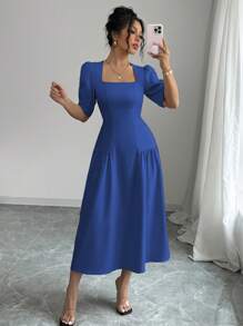 Elenzga Váy dài tay chữ A cổ vuông thắt eo xếp nếp kiểu Pháp thanh lịch cho ngày lễ đi làm thường ngày của phụ nữ, mùa xuân/hè - Xanh đậm - Xem 3