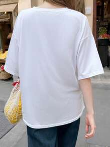 Plus Size Women Summer Lemon Print Casual Short Sleeve T-Shirt - White - View 2