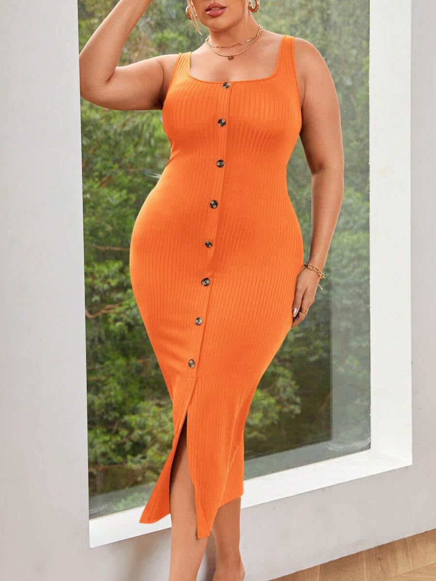 SHEIN Essnce Plus Size Women Square Neckline Button Decorated Front Slit Textured Black Strap Dress - Coral Orange - View 1