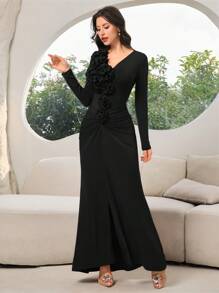 Modelyn Women's Solid Color 3D Floral Decor Slit Hem Elegant Dress