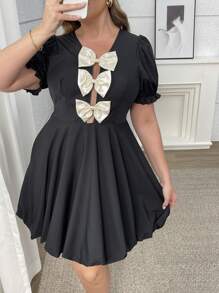 Flirla Plus Size Elegant Bow Decor Puff Sleeve Midi Dress - Black - View 5