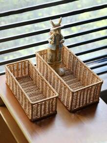 SHEIN Cesta de almacenamiento de ratán de imitación, caja de almacenamiento para mesa de té y control remoto, canasta para tentempiés, cesta de bambú estilo japonés, cesta de almacenamiento para el baño, portalápices - Multicolor - Ver 6