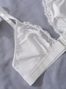 SHEIN Front Closure Push Up Plunge Lace Trim Plus Size Bra & Wire Free Bra, Lift - White - View 3