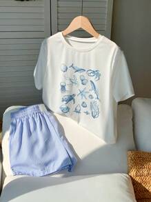 Comfortcana Conjunto casual de 2 piezas con camiseta de manga corta de cuello redondo con estampado de estrella de mar y pantalones cortos a rayas para mujer