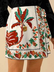 CAJUNI Damen tropischer Boho Kokosbaum, Ananas, Azalee Muster, Wickel Schnürrock, Urlaub Lässig Strand Sommer Mini Rock