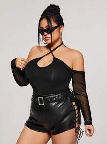 SHEIN ICON 大码交叉挂脖露肩网眼长袖紧身衣