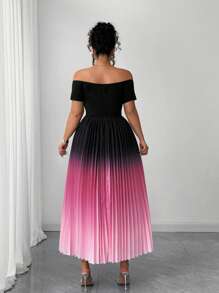 Elenzga Plus Size Women's New Design Sexy Romantic Hot Selling Off Shoulder Elastic Waist Casual Versatile Ombre Color Digital Print Pleated Slimming Elegant Dress, Spring/Summer - Multicolor - View 2