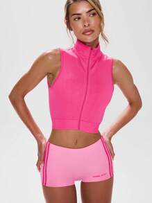 Musera Sport Stand Neck Cut Out Back Zip Through Crop Top, Active, Workout, Gym, Padel, Tennis, Pickleball Gym Fitness - Hot Pink - View 1