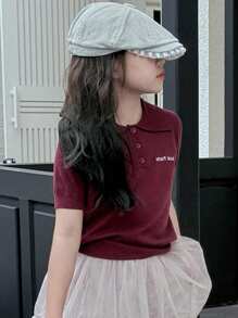 Dazy Kids Tween Girl Turndown Collar Letter Embroidered Short Sleeve Sweater, Spring/Summer - Burgundy - View 8
