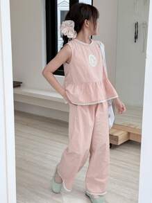 Dazy Kids 2 Stücke Set für Tween Mädchen mit gewebter Spitze Patchwork Bluse mit rundem Ausschnitt und langer Hose, Sommer