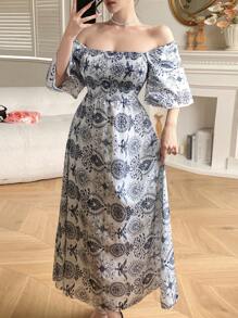 DAZY Elegant Boho Retro Style Blue & White Porcelain Floral Off Shoulder Midi Dress For Women, Summer Vacation Outfits Women - Blue - View 6