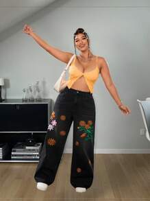 SHEIN ICON Plus Size Embroidered Relaxed Fit Straight Leg Jeans, Rave Outfits Festival - Black - View 5