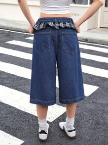 SHEIN EZwear Women Waist Splicing Plaid Ruffle Hem Wide Leg 3/4 Length Cropped Jeans - Dark Wash - View 2