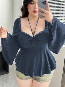 Flirla Plus Size Cross Strap V-Neck Cinched Waist A-Line T-Shirt, Fashionable For Summer - Navy Blue - View 1