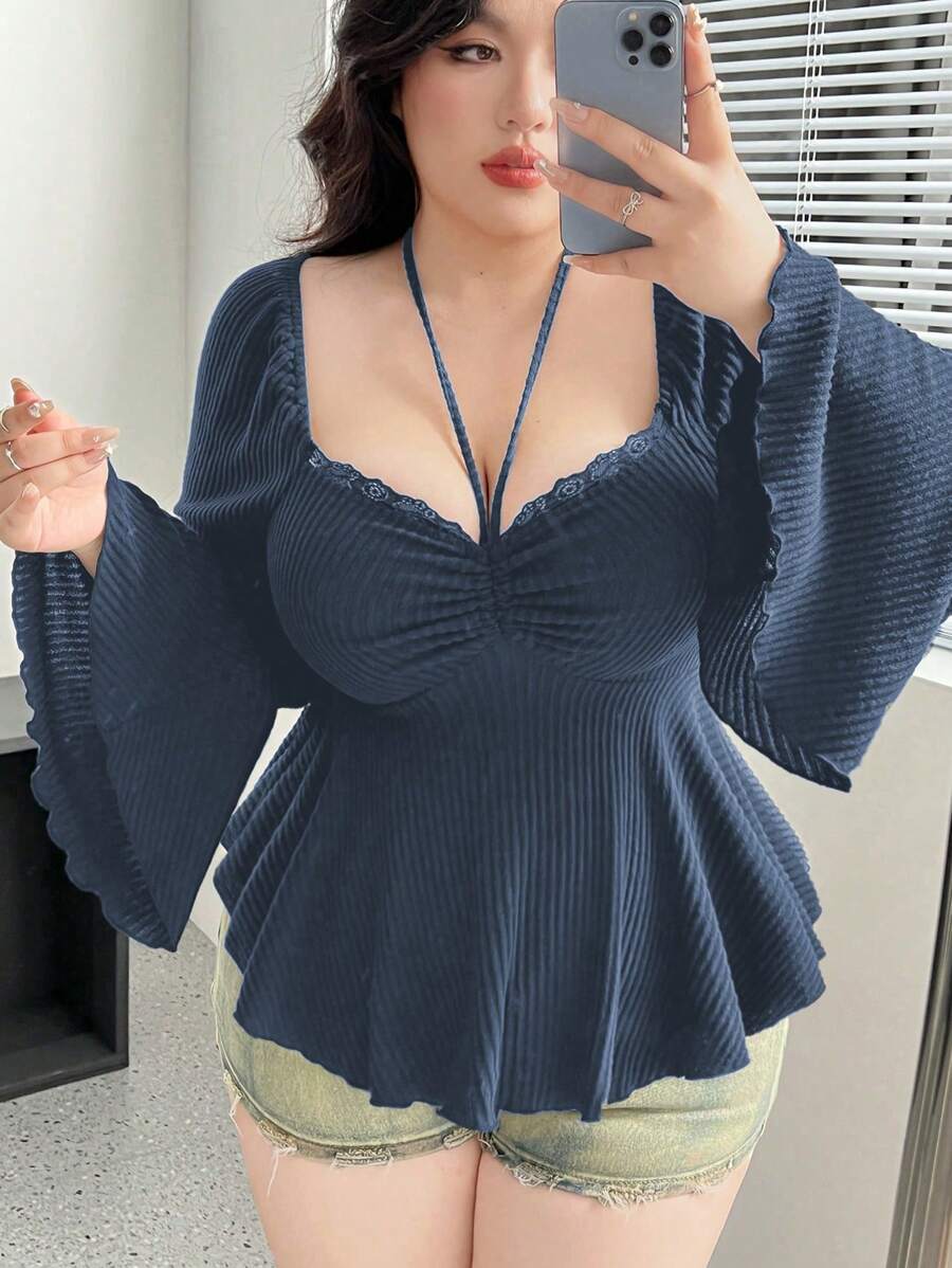 Flirla Plus Size Cross Strap V-Neck Cinched Waist A-Line T-Shirt, Fashionable For Summer - Navy Blue - View 1