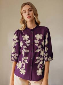 SHEIN Clasi Áo sơ mi đơn hàng thường ngày in hoa tay đèn lồng cho nữ - Nhiều màu - Xem 3