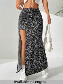 SHEIN Tall CURVE 大码女式度假碎花侧开衩下摆休闲半身裙 - 黑色 - 查看 1