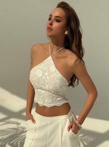 Aloruh Romantic Sexy White Backless Lace Top For Wedding Season,Rave Top