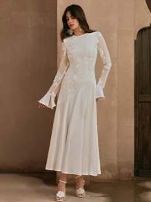 Anewsta Váy chắp vá họa tiết jacquard tay loe thanh lịch dành cho nữ - trắng - Xem 6