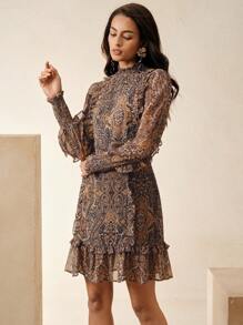 Anewsta 浪漫假日黑白荷叶边下摆宽松女式连衣裙，适合春季、夏季、节日、情人节、优雅、派对、复活节 - 棕色 - 查看 7