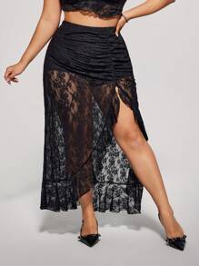 SHEIN ICON Plus Size Black Lace High Slit Ruffle Hem Skirt - Black - View 3