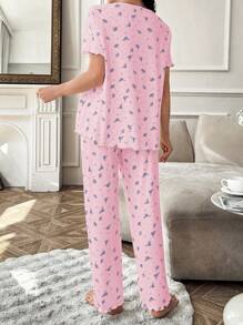 Romantic Ditsy Floral Ruffle Trim Maternity Pajama Set, V-Neck Short Sleeve Top And Long Pants - Pink - View 2