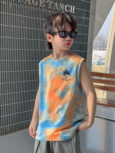 SHEIN Tween Boy Casual Vacation Tie-Dye Coconut Tree Pattern Round Neck Tank Top, Suitable For Commuting, Schooling, Daily Casual Outings, Sports, Spring & Summer, Vacation