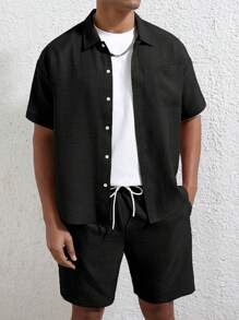 Manfinity Homme Conjunto de 2 peças para homens, camisa de manga curta com bolso frontal e Shorts cargo na cor café