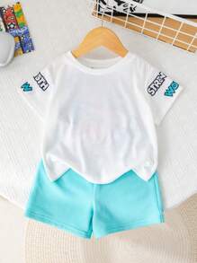 2pcs Set Baby Boys Cute Cartoon Pattern Short Sleeve T-Shirt And Shorts Set, Summer - Multicolor - View 4