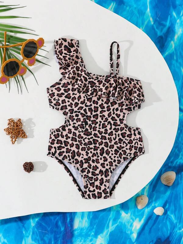 Baby Girl Cute Leopard Print Ruffled One-Piece Swimsuit,Asymmetric Neckline Cutout Waist Bathing Suit