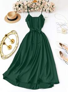 Celure Plus Size Women Solid Color Satin Camisole Tie Waist Elegant Dress