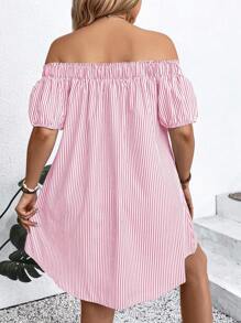 SHEIN LUNE Plus Size Women Off Shoulder Striped Button Design Loose Vacation Dress - Pink - View 2