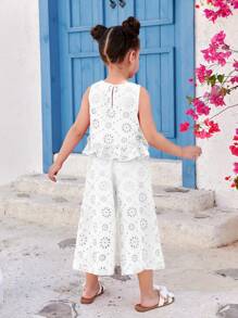 SHEIN 2 Pieces Set Young Girl Woven Solid Color Crew Neck Fitted Camisole & Loose Fit Wide Leg Pants - White - View 5