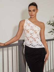 SHEIN Clasi Blusa de encaje con hombros oblicuos y cordón para mujer, para primavera/verano