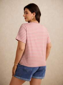 Elaquor Camiseta de manga corta con rayas y bordado de corazón, informal y de talla grande, para verano
