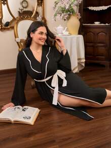 SHEIN Robe de chambre longue ceinturée à manches longues et colorblocking confortable, tenue, automne et hiver pour femmes en grande taille - Noir - Voir 5