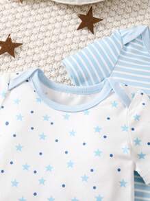 SHEIN Playful Pals Bộ 6 món cho bé sơ sinh, kiểu dáng thường ngày, kẻ sọc và họa tiết ngôi sao, cổ tròn, tay ngắn, áo liền quần và quần, chất liệu vải dệt kim thoải mái, phù hợp cho hoạt động ngoài trời và mặc hàng ngày, dành cho bé từ 0-9 tháng tuổi. - Xanh và trắng - Xem 7