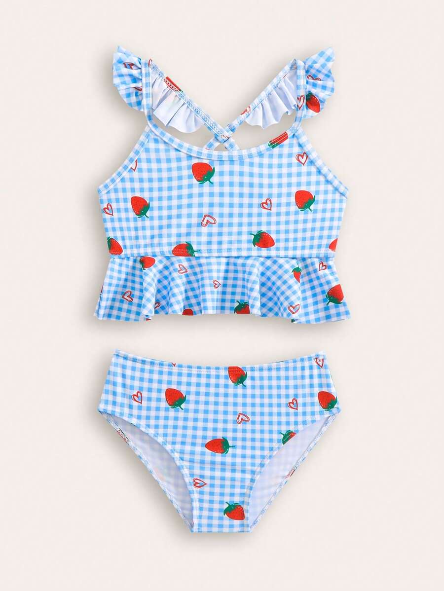 New Style Young Girl Plaid And Strawberry Print Tankini Swimsuit Set - Multicolor - View 1