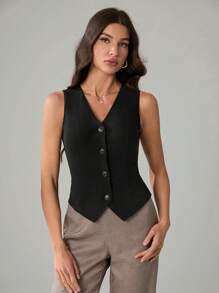 SHEIN Tall Top de cárdigan sin mangas con cuello en V de color liso casual para mujeres altas - Negro - Ver 8